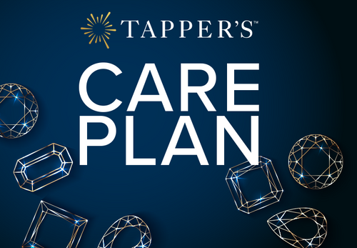 Tapper's Care Plan on a dark navy blue background with iridescent outlines of diamonds. 