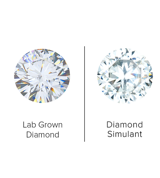 Lab grown diamond vs diamond simulant showing differences in look to the eye. 