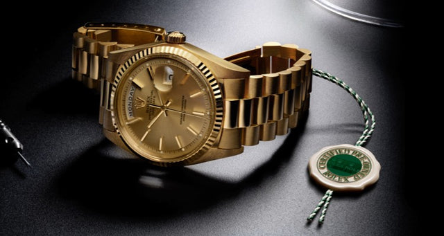 Solid yellow gold Rolex Certified Pre Owned watch on a black background with a wax seal
