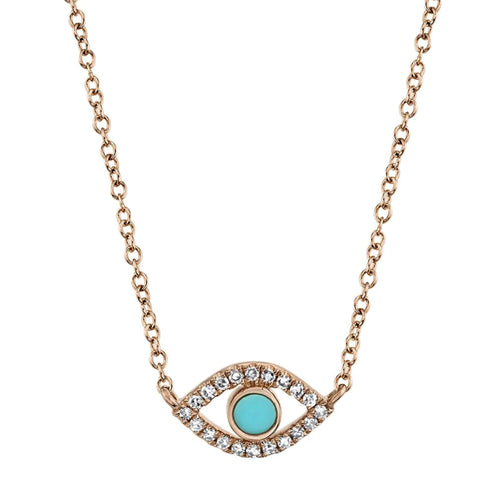 14k Gold Evil Eye Necklace with Turquoise and Diamonds