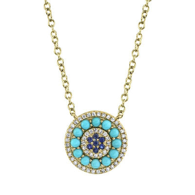 14 KARAT GOLD DIAMOND, TURQUOISE AND SAPPHIRE NECKLACE - Tapper's Jewelry 