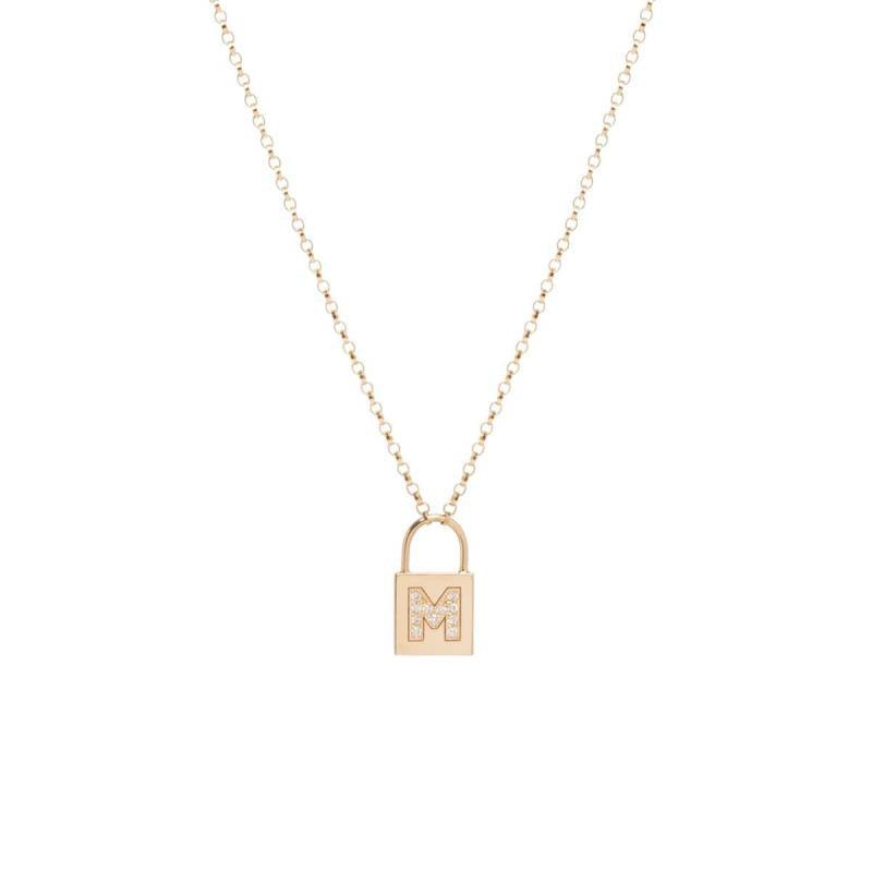 Zoe Chicco 0.06 Cttw 9 Diamond Pave 14K Yellow Gold Small Padlock Necklace with Single Letter