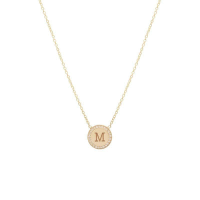 14 KARAT YELLOW GOLD SMALL ENGRAVED DISC INTIAL WITH DIAMOND HALO NECKLACE - Tapper's Jewelry 