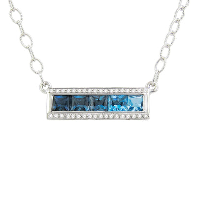14K WHITE GOLD DIAMOND AND BLUE TOPAZ BAR NECKLACE - Tapper's Jewelry 