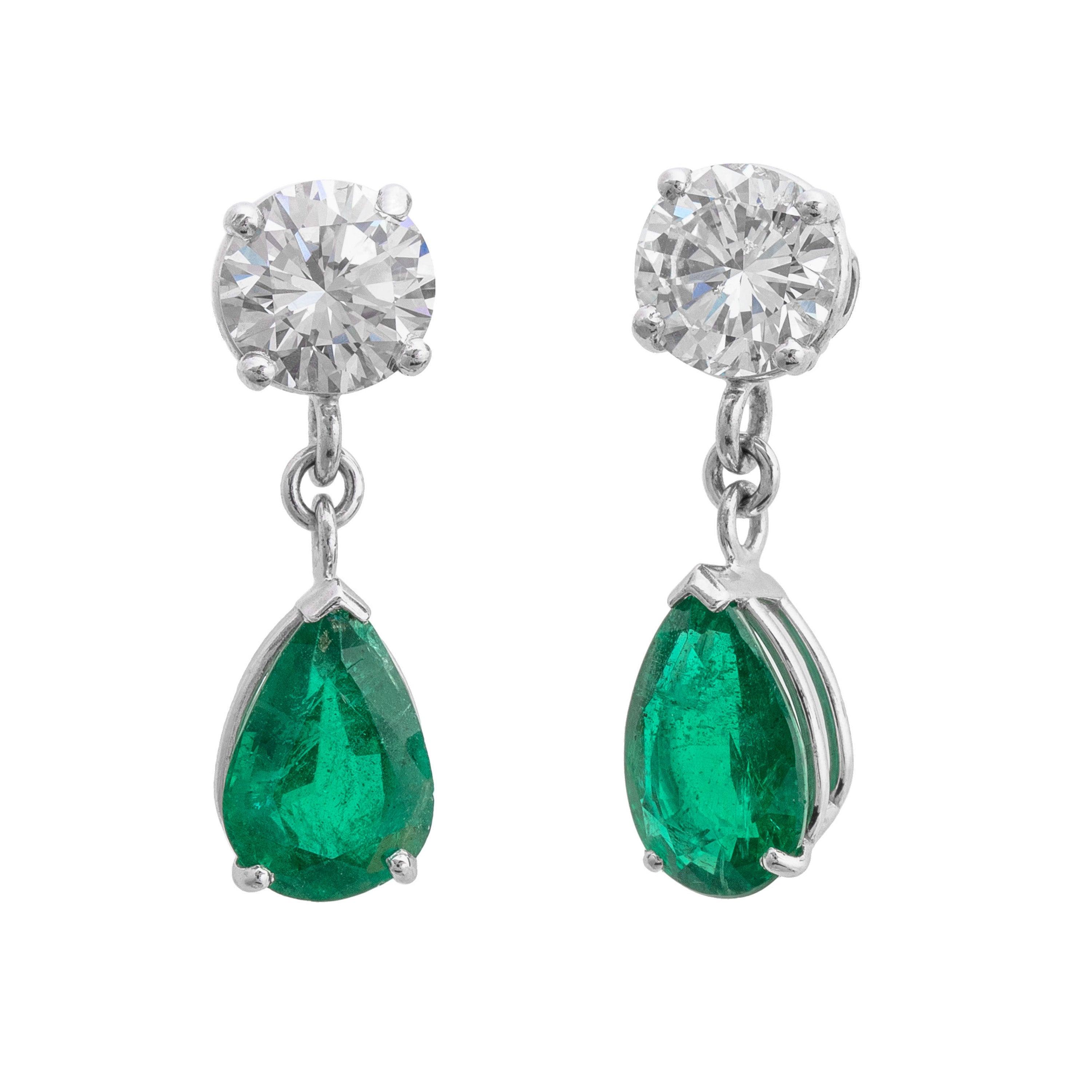 14K White Gold Diamond and Emerald Earrings