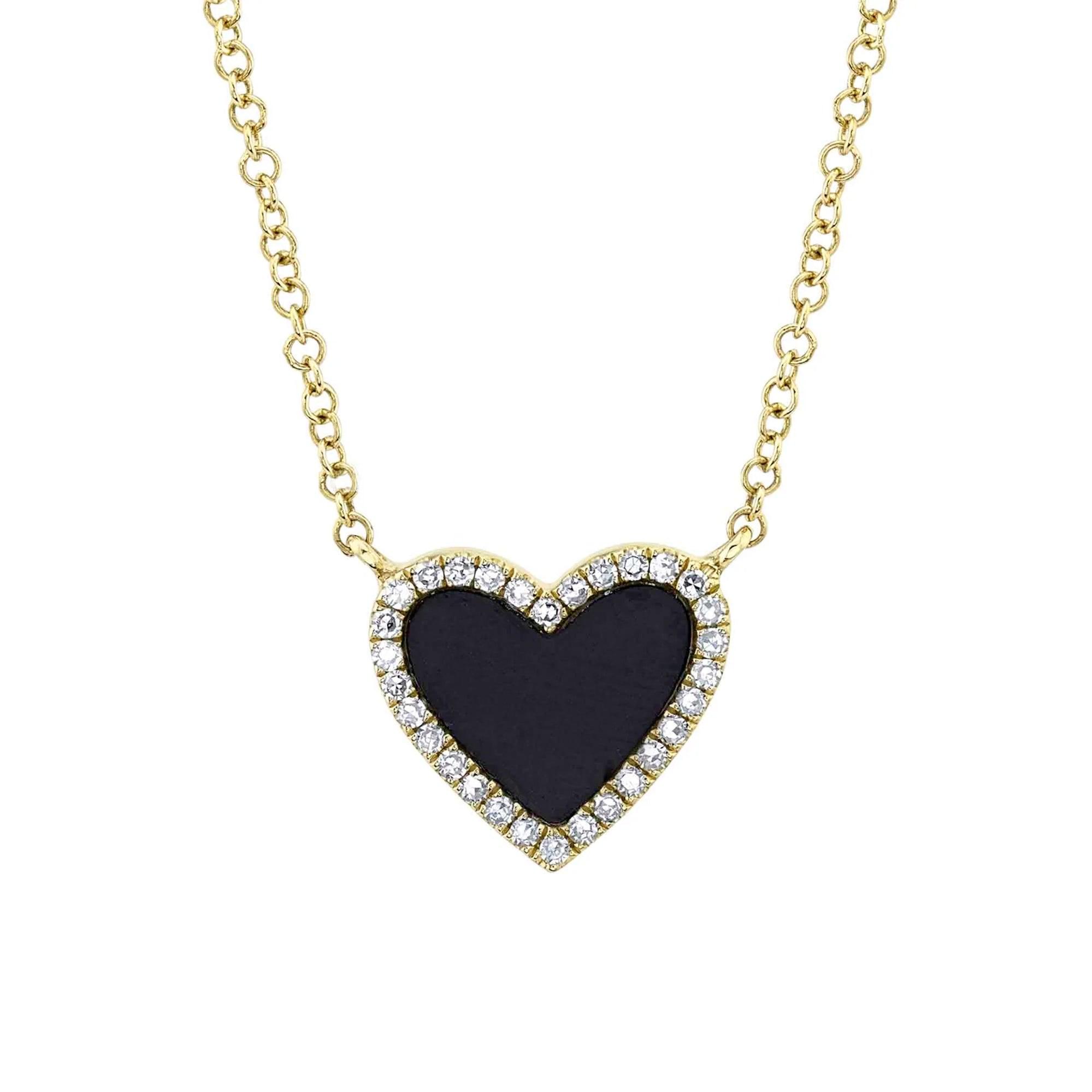 14K Yellow Gold Diamond and Onyx Heart Necklace, image size:1999x1999