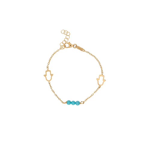 3 Turquoise Beads 18K Yellow Gold Hamsa Bracelet