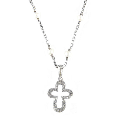 STERLING SILVER DIAMOND CROSS NECKLACE WITH PEARLS