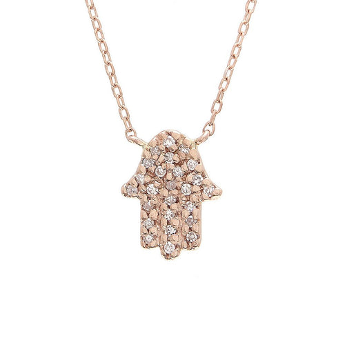 18" Pave Diamond Hamsa Stationed Pendant Necklace in 14K Rose Gold