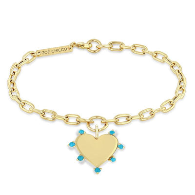 14K 7 PRONG TURQUOISE HEART CHARM MEDIUM SQUARE OVAL CHAIN BRACELET - Tapper's Jewelry 