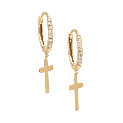 14K Yellow Gold Diamond Cross Earrings