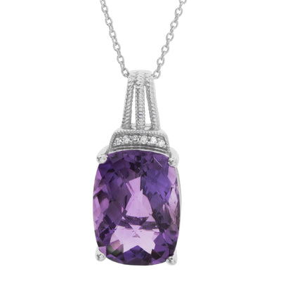STERLING SILVER LARGE AMETHYST AND DIAMOND PENDANT NECKLACE