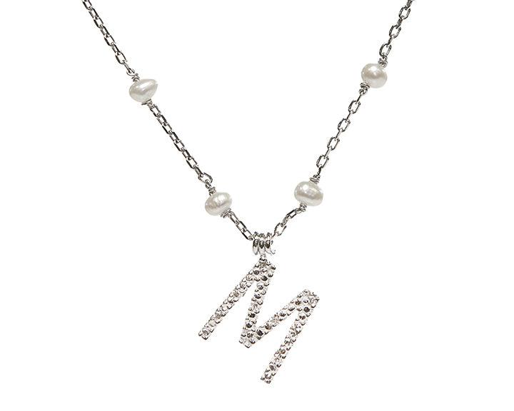 Sterling Silver Diamond Initial 'M' Necklace With Cultured Pearls