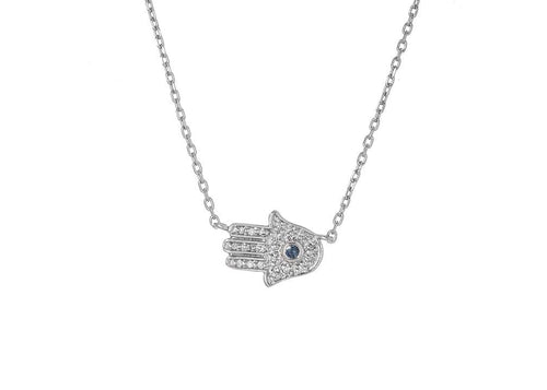 18" Sapphire and Diamond Stationed Hamsa Pendant Necklace in Sterling Silver
