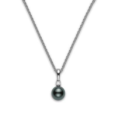 Black South Sea Cultured Single Pearl and Diamond Pendant in 18K White Gold, 9MM