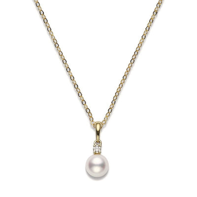 Akoya Cultured Single Pearl and Diamond Pendant in 18K Yellow Gold, 7-7.5MM