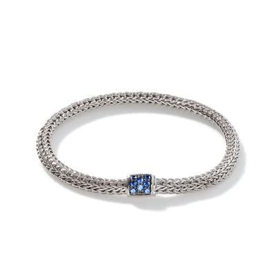 Sterling Silver Hand Woven Chain and Sapphire Bracelet