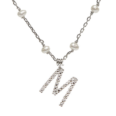 Sterling Silver Diamond Initial 'M' Necklace With Cultured Pearls