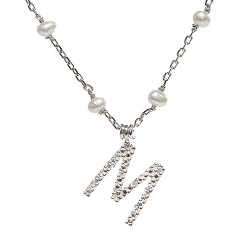 Sterling Silver Diamond Initial 'M' Necklace With Cultured Pearls