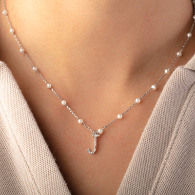 Diamond Initial 'J' Necklace with Cultured Pearls