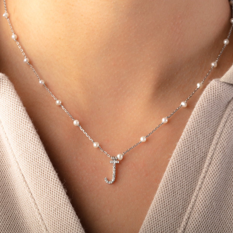 Diamond Initial 'J' Necklace with Cultured Pearls