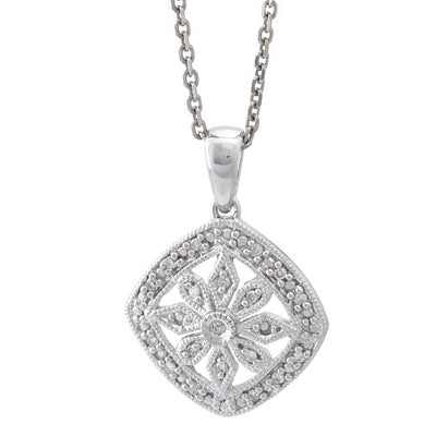 STERLING SILVER ROUND DIAMOND FLOWER NECKLACE