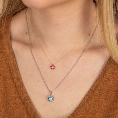 18" Blue Topaz with Diamond Halo Necklace in Sterling Silver