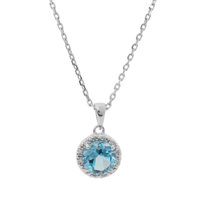 18" Blue Topaz with Diamond Halo Necklace in Sterling Silver