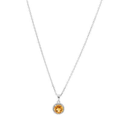 Round Citrine and Diamond Halo Necklace in Sterling Silver, 1.16 cttw