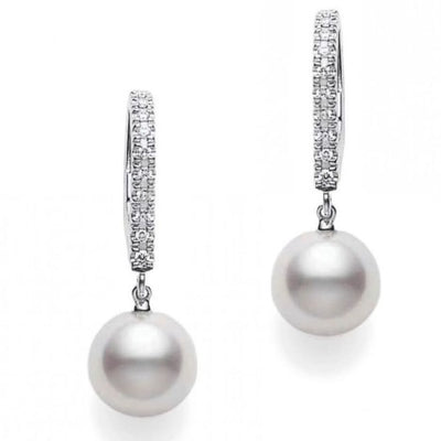 Classic Elegance Akoya Cultured Pearl Lever Back Earrings in 18K White Gold with Diamonds, 7.5MM