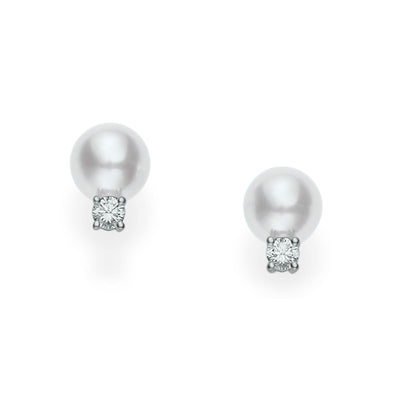 18K White Gold 7MM Pearl and Diamond Button Earrings