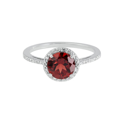 Round Garnet and Diamond Halo Ring in Sterling Silver