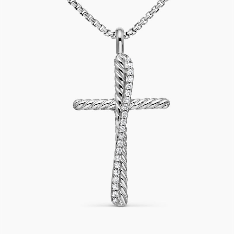 Crossover Cross Necklace in Sterling Silver with Pavé Diamonds