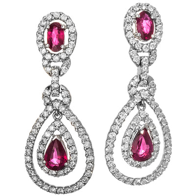 Double Diamond Halo Ruby Drop Earrings in 18K White Gold, 2.48cttw