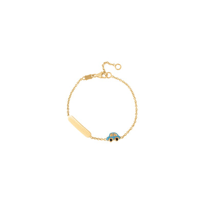 Children's Engravable ID with Blue Enamel Car Bracelet in 18K Yellow Gold