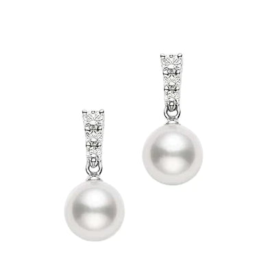 Cultured White South Sea Pearl and Diamond Drop Earrings in 18K White Gold, 0.48cttw