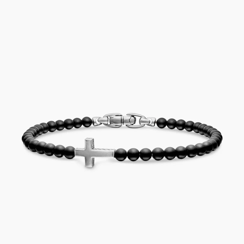 Spiritual Beads Cross Station Bracelet In Sterling Silver With Black O