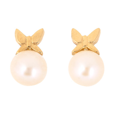 Butterfly and Pearl Children's Earrings in 18K Yellow Gold