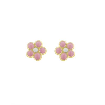 Flower Earrings with Pink Enamel in 18K Yellow Gold
