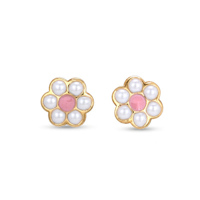 Children's White and Pink Enamel Flower Earrings in 18K Yellow Gold