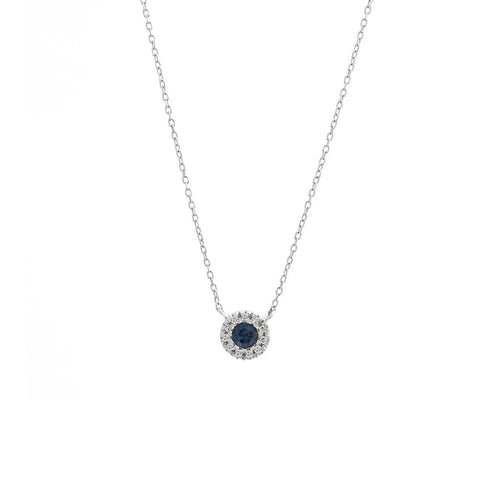 Diamond Halo with Blue Sapphire Necklace in 14K White Gold, 0.20cttw