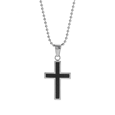 Black Carbon Fiber Cross Pendant Necklace in Stainless Steel
