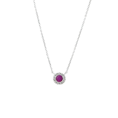 Ruby with Diamond Halo Stationed Pendant 18IN Necklace in 14K White Gold