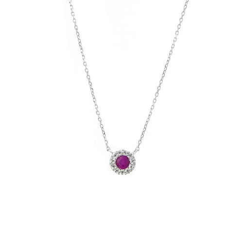 Diamond Halo with Bezel-Set Ruby Necklace in 14K White Gold, 0.21cttw