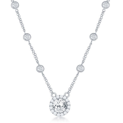 Cubic Zirconia By the Yard and Halo Pendant Necklace in Sterling Silver