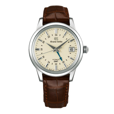 Elegance GMT Off White Dial and Blue Accent Hand 39.5mm Watch with Brown Alligator Motif Leather Strap