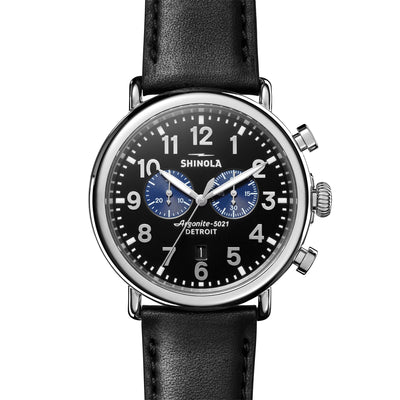 47MM Runwell Chrono Black Dial with Navy Blue Sub Dials and Black Leather Strap