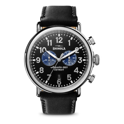 47MM Runwell Chrono Black Dial with Navy Blue Sub Dials and Black Leather Strap