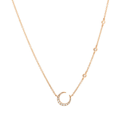 Diamond Crescent Moon Necklace with 3 Stationed Diamonds in 14K Yellow Gold