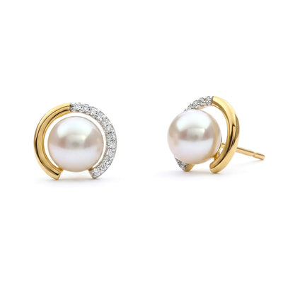 14K Yellow Gold Cultured Pearl and Diamond  Earrings